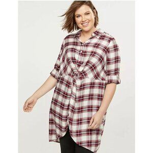 Lane Bryant Dark Pink/Red & Black Plaid Twist-front Illusion Tunic Top | Size 28